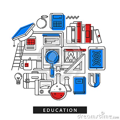 Modern illustration about education in outline flat style. Text books, office tools, random science stuff Vector Illustration