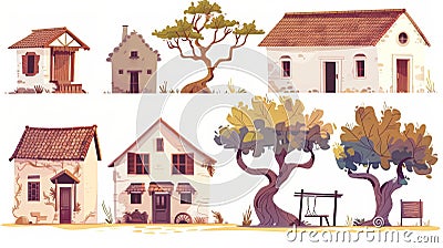 Modern illustration of house development process, medieval rural house, old stone mansion, and modern concrete villa Cartoon Illustration