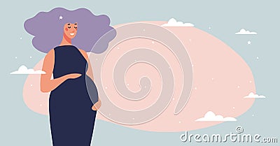 Modern illustration of pregnancy with copy space. Cute happy pregnant woman with blank background. Banner for a doctor Vector Illustration