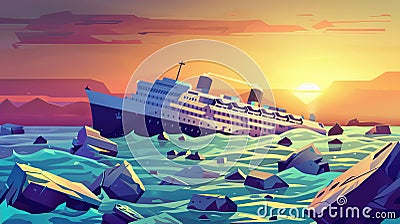 Modern illustration of a sunken cruise ship in an ocean harbor at sunset. A 2D summer landscape with an old shipwrecked Cartoon Illustration