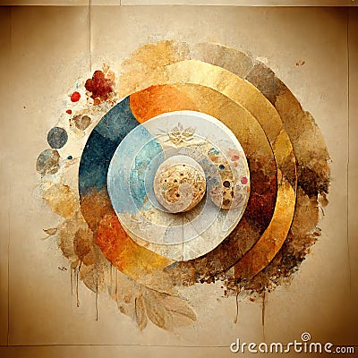 Modern illustration with watercolor circles, splashes, gold lines and geometry, rounded, brush strokes. Brown background, circles Cartoon Illustration