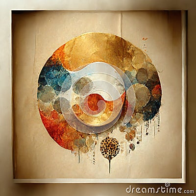 Modern illustration with watercolor circles, splashes, gold lines and geometry, rounded, brush strokes. Brown background, circles Cartoon Illustration