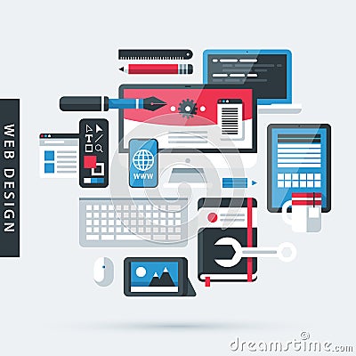 Modern illustration about web design in flat style. Drawing tools, computer, pictures, notebook Vector Illustration