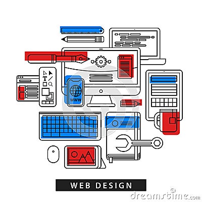 Modern illustration about web design in outline flat style. Drawing tools, computer, pictures, notebook Vector Illustration