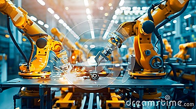 CNC Robots Working in Industrial Assembly Line Stock Photo