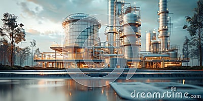 Modern industrial plant with large cylindrical tanks and metal structures in a landscaped area at sunset Stock Photo