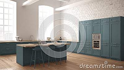 Modern industrial wooden kitchen with wooden details and panoramic window, white and blue minimalistic interior design, downtown p Stock Photo