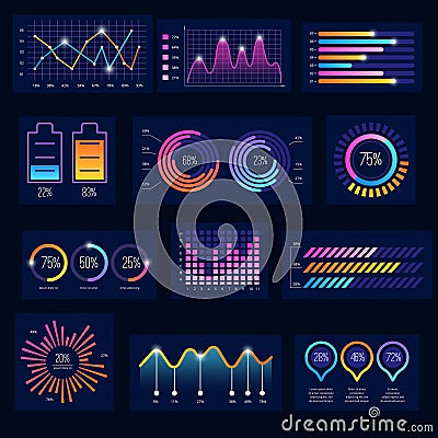 Modern infographic. Business future charts monitor screen dark ui theme bullets frames diagram graph vector simple Vector Illustration