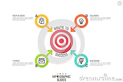 Modern infographic design layout. Four lettered circular elements with arrows pointing at target symbol in center Vector Illustration