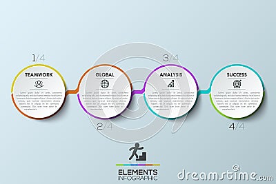 Modern infographic design template, 4 connected multicolored circular elements with text boxes Vector Illustration