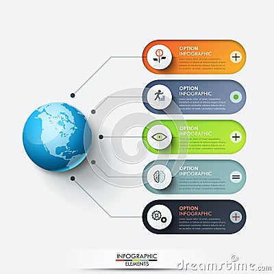 Modern infographic design template. Planet connected with 5 rounded text boxes and thin line icons Vector Illustration