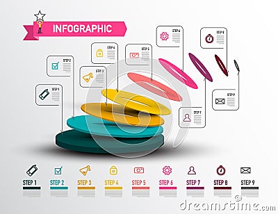 Modern Infographic Layout - Creative Web Presentation. Nine Steps Vector Infographics Design with Data Flow Vector Illustration