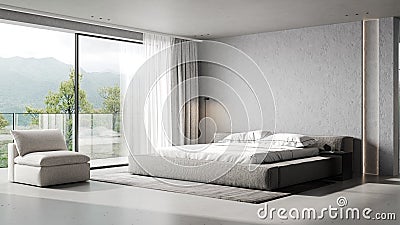 Modern interior bedroom, minimalist style, gray stucco wall, 3d render Stock Photo