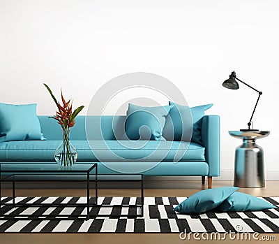 Modern interior with a blue turqoise sofa in the living room Stock Photo