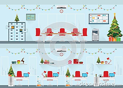 Modern interior of christmas office with office desk. Vector Illustration
