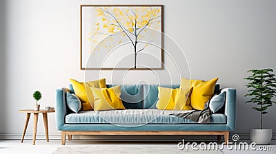 Modern interior - couch with yellow pillows and large picture with stylized autumn tree Stock Photo