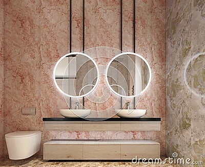 Modern interior design of bathroom vanity, all walls made of stone slabs with circle mirrors Stock Photo