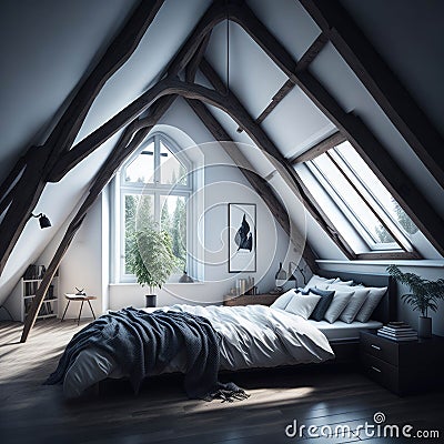 Modern Interior Design Of Bedroom In Attic, Triangle Ceiling With Wooden Beams, Window With Sun Light, Generative AI Stock Photo
