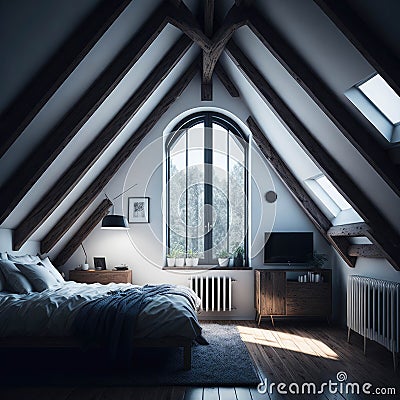 Modern Interior Design Of Bedroom In Attic, Triangle Ceiling With Wooden Beams, Window With Sun Light, Generative AI Stock Photo