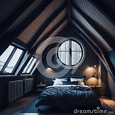 Modern Interior Design Of Bedroom In Attic, Triangle Ceiling With Wooden Beams, Window With Sun Light, Generative AI Stock Photo