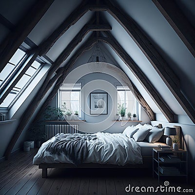 Modern Interior Design Of Bedroom In Attic, Triangle Ceiling With Wooden Beams, Window With Sun Light, Generative AI Stock Photo