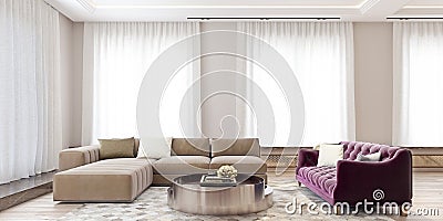 Modern interior design of a big living room with angled sofa and violet colored couch, yellow flowers and large windows Stock Photo