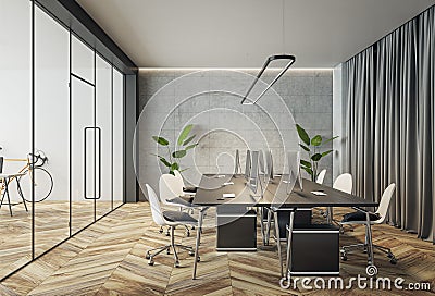 Modern interior design of conference room with black meeting table surrounded by white chairs on wooden parquet floor, grey wall Stock Photo