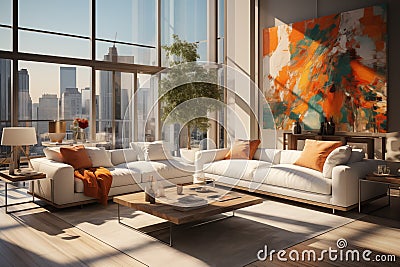 Modern interior design of cozy apartment, living room with white sofa, armchairs. AI generate Stock Photo