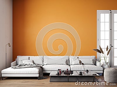 Modern interior design with empty orange wall background Stock Photo