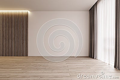 Modern interior design empty room mock-up with big window and illuminated wooden slats Stock Photo