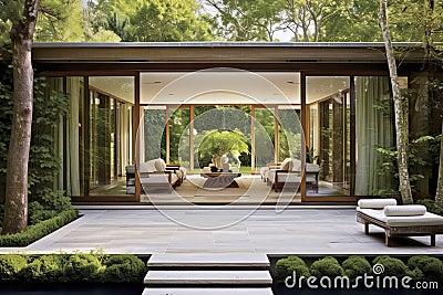 Landscaped Modern Interior Design with Green Garden View and White Furniture Stock Photo