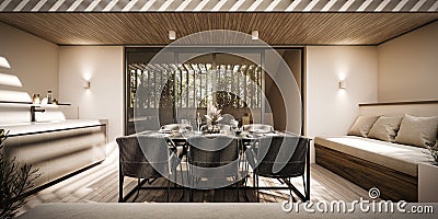 Modern interior design of home terrace with dining table setup and built in outdoor barbeque Stock Photo