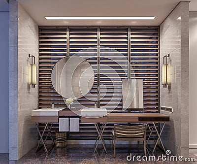 Modern interior design of hotel bathroom and vanity, double mirrors in front of large window with wooden blinds Stock Photo