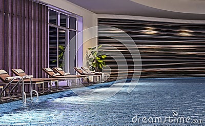 Modern interior design of indoor swimming pool with pool beds, night scene, hotel resort, spa, high contrast, dark, Cartoon Illustration