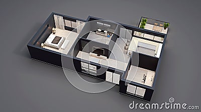Modern interior design, isolated floor plan with black walls, blueprint of apartment, house, furniture, isometric, perspective Stock Photo
