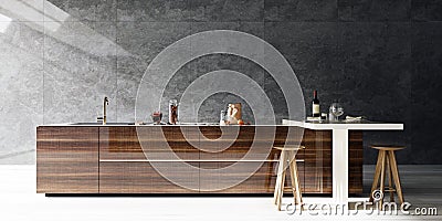 Modern interior design kitchen, dark tone stone slab wall with bright floor, high contrast Cartoon Illustration