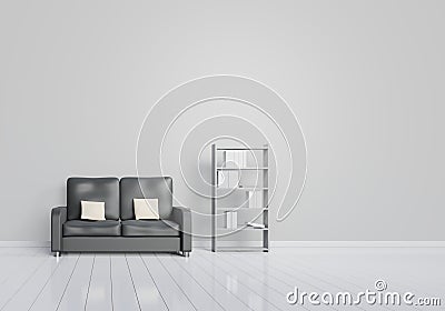 Modern interior design of living room with black sofa with grey and wooden glossy floor and book shelves. White cushions elements Cartoon Illustration