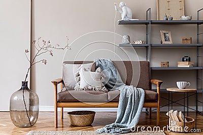 Interior design and home decor of living room with brown wooden sofa. Stock Photo