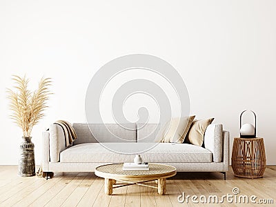 Modern interior design of living room in natural colors with dry plants decoration and empty white mock up wall background Stock Photo