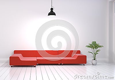 Modern interior design of living room with red sofa and plant pot on white glossy wooden floor. Turn on hanging lamp on wall. Home Cartoon Illustration