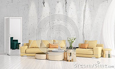 Modern interior design of livingroom in vogue with plant, yellow divan, copyspace. Horizontal arrangement. 3D rendering Stock Photo