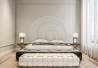 Modern interior design of master bedroom, king size bed with bed sheets, wooden flooring and classic style gray walls Stock Photo