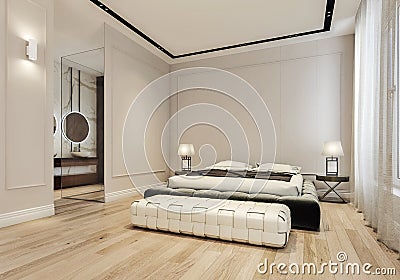 Modern interior design of master bedroom with large bathroom, king size bed with bed sheets Stock Photo