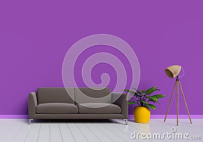 Modern interior design of purple living room with brown sofa and yellow plant pot on white glossy wooden floor. Lamp element. Home Cartoon Illustration