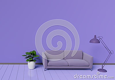 Modern interior design of purple living room with sofa an plant pot on white glossy wooden floor. Lamp element. Home and Living Cartoon Illustration