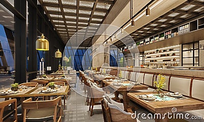 Modern interior design of restaurant lounge, oriental arabic style with wire mesh ceiling and hidden lights, wood and bronze gold Stock Photo