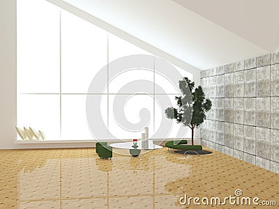 Modern interior design scene with a tree inside. Stock Photo