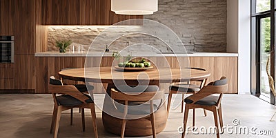 Modern interior design of wooden minimalist kitchen with island, round stone dining table and chairs Stock Photo