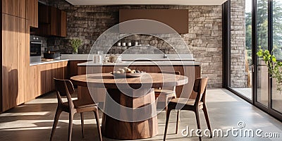 Modern interior design of wooden minimalist kitchen with island, round stone dining table and chairs Stock Photo