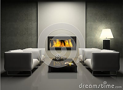 Modern interior with fireplace Stock Photo